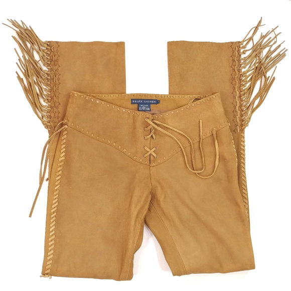 Ralph Lauren Women's Leather Fringe Lace Up Pants